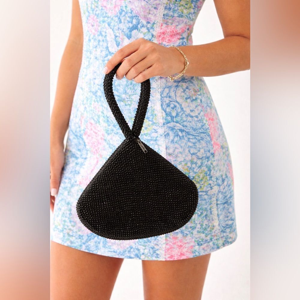 Black Beaded Mini Handbag Evening Bag Zipper Top Sparkly Purse